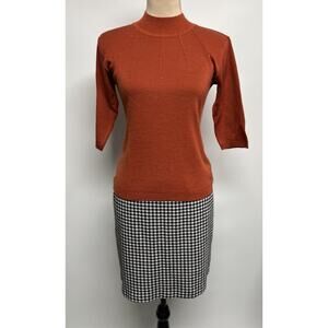 Vintage Mock Neck Sweater Womens Medium Rust Orange Rhinestones Groovy Hippie